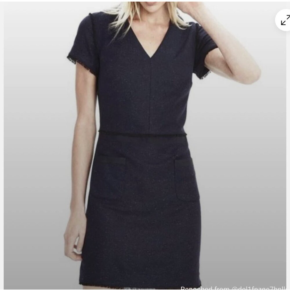 Banana Republic Navy Blue Speckle Tweed Flannel Wool Fringe Sheath Dress